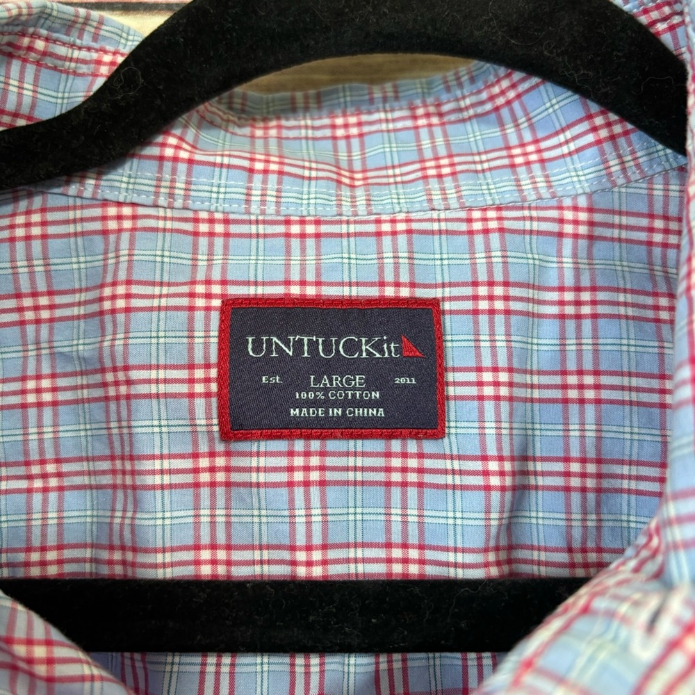 UNTUCKit Shirt Mens Sz L Blue Red Plaid Short Sleeve EUC F1 - Picture 3 of 6